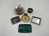6 ashtrays -  4 - 6in tins hadels, pittsburgh pa, morrison, arizona, 8 in finegard, 2 in wooden
