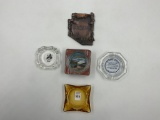 5 ashtrays -  3- 4in glass ellberg, grouse, amber, 7in niagara falls, 7in metal arizona