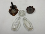 5 misc - vintage coins  - metal building - 2 glass boats