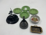 8 misc - Small bronze tray - 4 buds market fulton il - metal scotty dog - mcm cat ashtray - round gr