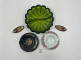 4 misc - cognac brandy - mcm large green glass - pair metal shoe ashtrays - roney plaza - miami beac
