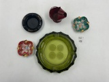 4 misc -  mcm large greenglass tray - red bucket  - harolds club reno - 2 lefton floral