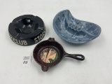 mcm stork club - blue pottery - cast iron skillet
