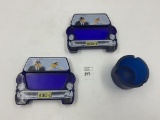 2 blue glass camel joe ashtrays - 1 round camel ashtray