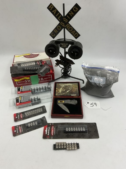 Misc Railroad crossing light , bag coal, Knife, Terminal blocks