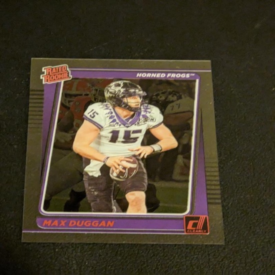 Max Duggan Clearly Donruss Rated Rookie Acetate pink foil Card TCU CHARGERS