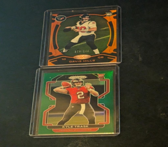 NFL QB lot x2 includes davis mills numbered 114/149 rc and kyle trask rc insert green