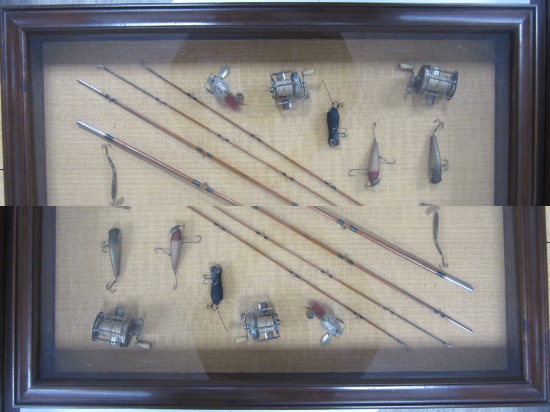 LARGE SHADOWBOX (27.75X24.75) VINTAGE FISHING GEAR