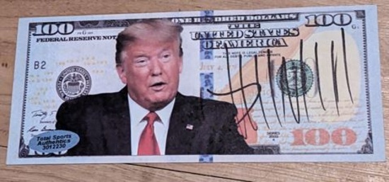 Donald Trump autographed replica 100 dollar bill with coa