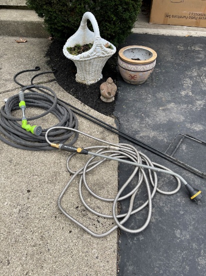 Concrete Flower Basket/Lawn Décor/2 Garden Hoses/Shepard Hooks