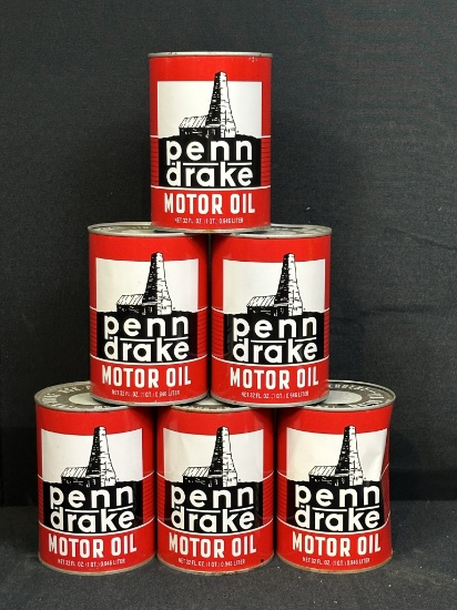 Lot of 6 Full Penn Drake Motor Oil Quart Cans
