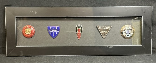 Lot 5 Framed Early Car Enamel Hood Emblems Hudson Dodge Maxwell