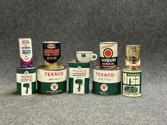 Lot of 19 Texaco Gas Station Motor Oil Cans Greases Salt Bag Items