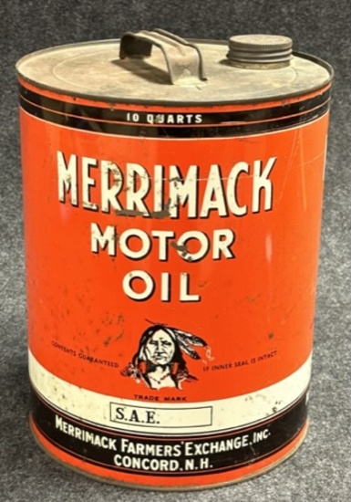 Merrimack Farmers Exchange 10 Quart Round Motor Oil Can Concord NH w/ Indian