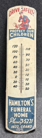 Drive Safely Hamiltons Funeral Home 3' Thermometer w/ Motorcycle Cop