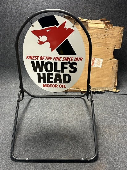 Wolf's Head NOS 1970s Motor Oil Curbside Sign w/ Original Shipping Box