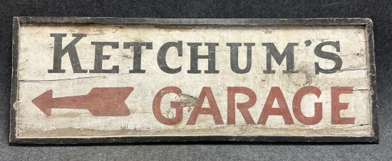 Ketchum's Garage Wooden 1920s Service Station Sign w/ Arrow