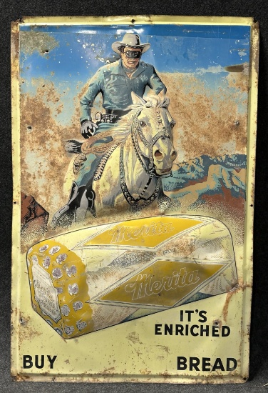 Merita Bread 1953 Embossed Advertising Country Store Sign w/ Lone Ranger