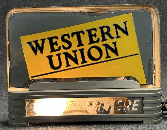Western Union "Telegraph Here" Reverse Glass Painted Countertop Lighted Display Sign