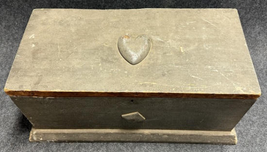Antique Green Painted Miniature Blanket Chest w Applied Carved Heart  Diamonds
