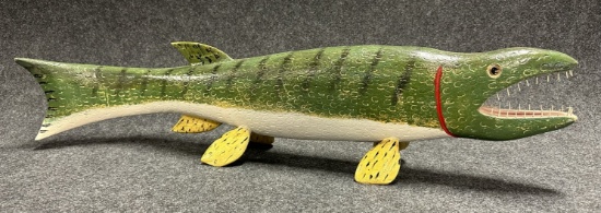 Large Handmade  Carved 31" Wooden Fish Decoy Attributed to Miles Smith