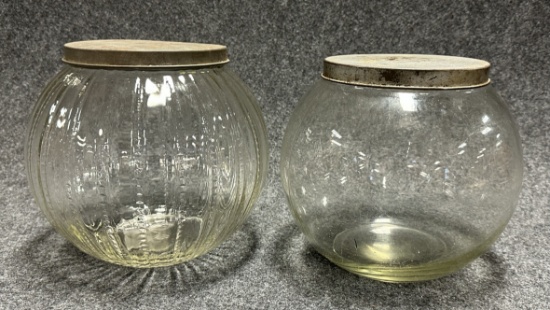 Lot of 2 Antique Round Cannister Apothecary Jars w Tin Lids