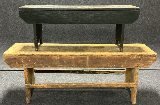 Pair Antique 19th Century Square Nail Original Painted Benches