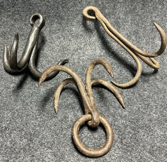 Lot 3 Original Antique Blacksmith Hand Forged Wrought Iron Meat Hooks