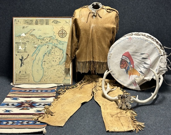 Antique Native American 5 Piece Lot Deerskin Jacket  Pants Rug Drum Michigan Map  Mule Deer Rack