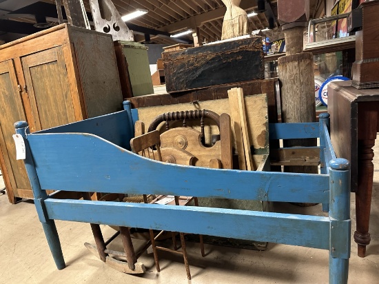 Antique Mid 1800s Original Blue Painted Chidrens Wooden Bed