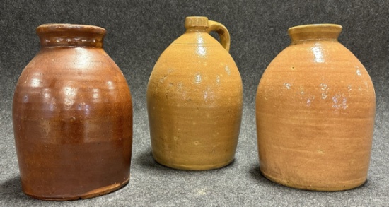 Lot of 3 Original Redware Jars  Jug w Wonderful Tones  Coloration