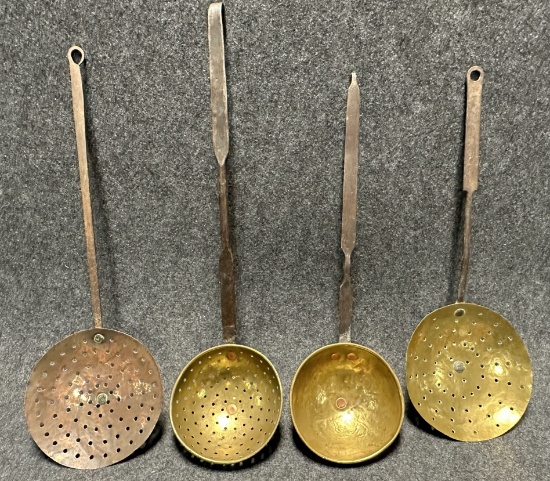 Lot 4 Hand Forged  Hammered Wrought Iron  Brass Ladles  Skimmers