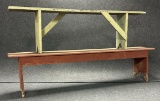 Pair Antique Green  Red Painted Benches w Bootjack Legs