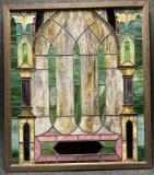 19th C Detailed Leaded Stained Glass Window w Original Wooden Frame