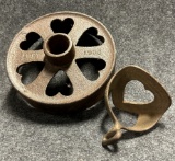 Pair Heart Themed Cast Iron Objects Child's Stirrup  Wheel Pat'd 1900 w 6 Heart Cutouts