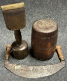Lot 3 Original Primitive Objects 19th Century Chopper Round Solid Wooden Anvil  Masonry Tool