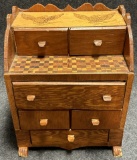 Antique Folk Art 6 Drawer Miniature Dresser w Inlaid Rest Carved Feet Pyography Eagles  Floral Desig