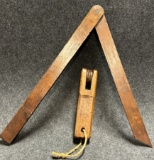 Pair Antique Wooden Objects Carved Wooden Pulley  Adjustable Wooden Angle Measuring Device