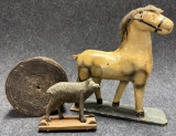 Lot of 3 Antique Objects Wooden Lidded Pantry Box Horse Pull Toy  Carved Wolf Pull Toy