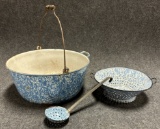 3 Piece Graniteware Blue  White Enamel Lot Pail Strainer  Ladle