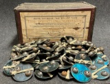 Antique Early 1900s Original Wooden Store Display Box of 84 Whistling Whirligig Metal Toys NOS Invet