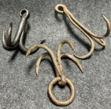 Lot 3 Original Antique Blacksmith Hand Forged Wrought Iron Meat Hooks