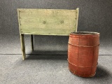 Pair Antique 19th Century Wooden Farm Objects Nail Keg  Green Painted Corn Crib