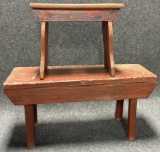 Antique Pair Late 1800s Original Red Painted Small Benches Stools