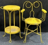 Pair Yellow Painted Antique Wire Ice Cream Parlor Chair and Stand