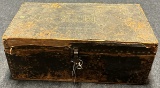 Antique Early 1800s MJR Studded 1836 Newspaper Lined Leather Flat Top Trunk w Lock