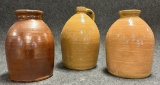Lot of 3 Original Redware Jars  Jug w Wonderful Tones  Coloration