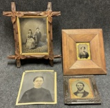 Lot of 4 Large 1850s-1870s Full Plate Tin Types w Tramp Art Frame  Hand Tinting