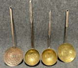 Lot 4 Hand Forged  Hammered Wrought Iron  Brass Ladles  Skimmers
