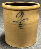 Antique Brown Stoneware Salt Glazed 2 Gallon Crock w Ornate Blue Design